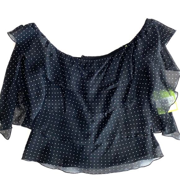 NWT Citrine Black Micro Polka Dot Tiered Ruffle Boatneck Blouse Size 12 - Picture 1 of 11